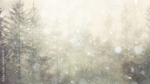 background landscape snowfall in foggy forest  winter view  blurred forest in snowfall with copy space