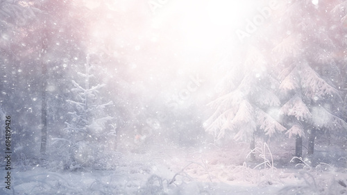 winter background, landscape in snowfall, trees in the forest nature view in cold weather, white abstract seasonal nature background january calendar