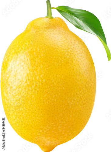 Realistic ripe yellow lemon whole citrus fruit with green leaf. Isolated 3d vector vibrant, zesty tropical plant bursting with citrusy aroma and tart flavor. Its yellow skin hides juicy segmented pulp