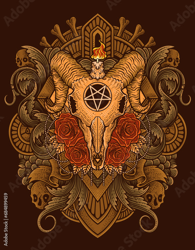 Illustration vintage goat skull rose with engraving ornament