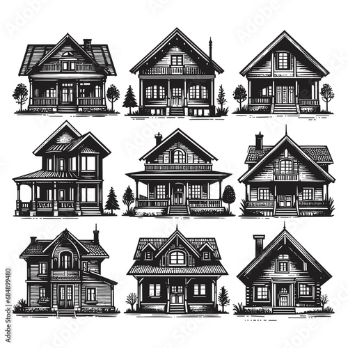 Fototapeta Naklejka Na Ścianę i Meble -  Set of house, home, building silhouettes isolated on a white background, Vector illustration.