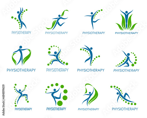 Physiotherapy icon. Vector spine, back pain, body health, chiropractic massage and therapy symbols with abstract silhouettes and green leave. Physical, orthopedic and osteopathic rehabilitation