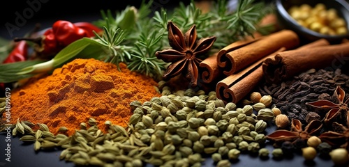 Extreme close-up of colorful spices and herbs, warm saffron and deep green herbs, in the style of culinary photography, depth of field, serene visuals, minimalistic simplicity, close-up