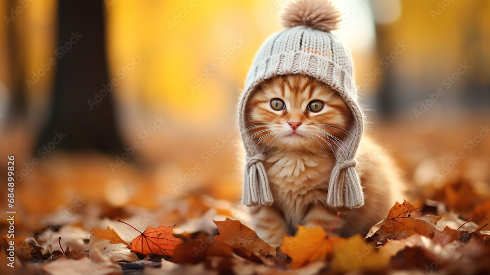 Obraz premium a cute little kitten is wearing a hat, posing in an autumn park among fallen yellow leaves, the background of the autumn calendar is a joke