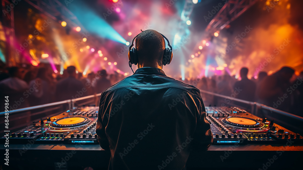 silhouette of a DJ at the remote control, a view from the back against the background of a nightclub with a crowd of dancing people, a night disco music festival silhouette of a DJ at the remote control, a view from the back against the background of a nightclub with a crowd of dancing people, a night disco music festival