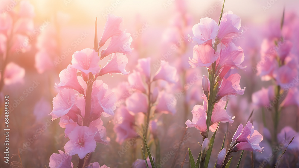 pink flowers nature background gladioli, delicate pastel colors, landscape field of flowers - obrazy, fototapety, plakaty 