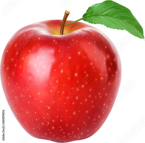 Realistic red apple whole fruit with green leaf. Isolated 3d vector crisp and juicy ripe plant with a vibrant crimson hue, sweet and tangy flavor with a satisfying crunch, makes it a wholesome delight