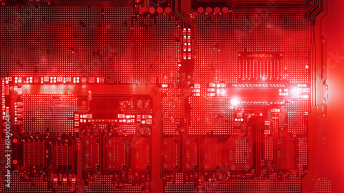 background red computer board chip, overheating computer processor energy, abstract generated form photo