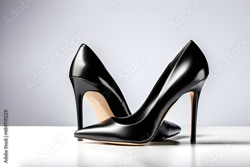 Stylish black stilettos: The world of women's leather high heels isolated against a white background generative ai
 photo