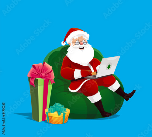 Cartoon Santa with laptop on green bean bag with gifts for Christmas holiday, vector background. Christmas winter holiday party or greeting card with Santa receiving kids wishes messages on laptop