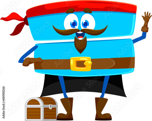 Cartoon funny equals math sign pirate or corsair character with treasure chest, vector emoji emoticon. Math equation and equality sign character as Caribbean pirate filibuster sailor with bandana