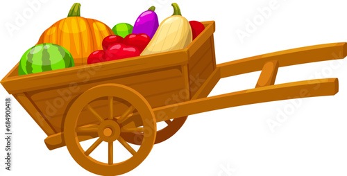 Overflowing cartoon wooden garden wheelbarrow with bountiful harvest of fresh fruits and vegetables. Isolated vector colorful pumpkin, watermelon, squash, eggplant or tomatoes abundance, farm goodness
