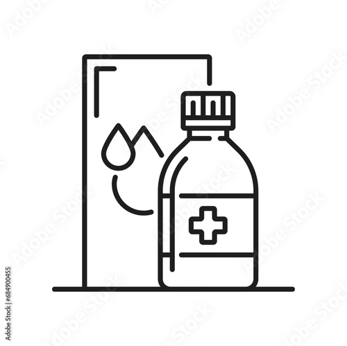 Measles capsule treatment bottle icon, isolated chickenpox medicine, thin line. Vector varicella disease medication from rash, small, itchy blisters