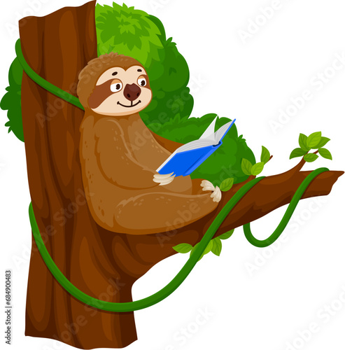 Cartoon funny sloth character reading on tree. Isolated vector whimsical animal, perched lazily on a branch, engrossed in a book, wearing goofy grin. Slowly savoring every word with a laid-back charm