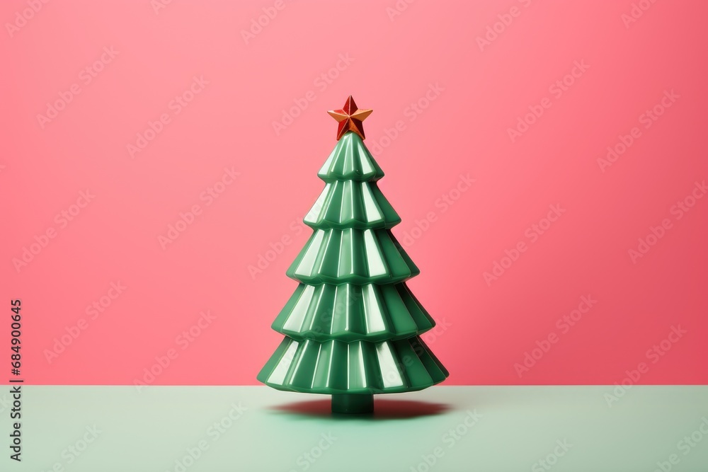 Green Christmas tree isolated on bright pink and light mint background. Winter holidays and new year minimal concept. Xmas design for banner and greeting card with copy space
