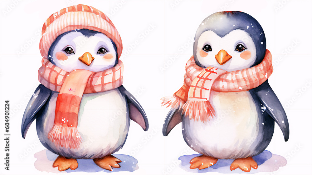 Fototapeta premium Set of christmas penguins on white background