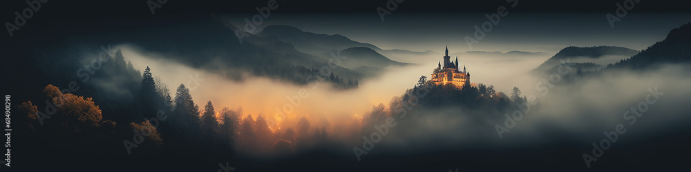 a long narrow panoramic view of the night forest in the mountains and a glowing fairy-tale castle in the fog, a fairy tale of old Europe