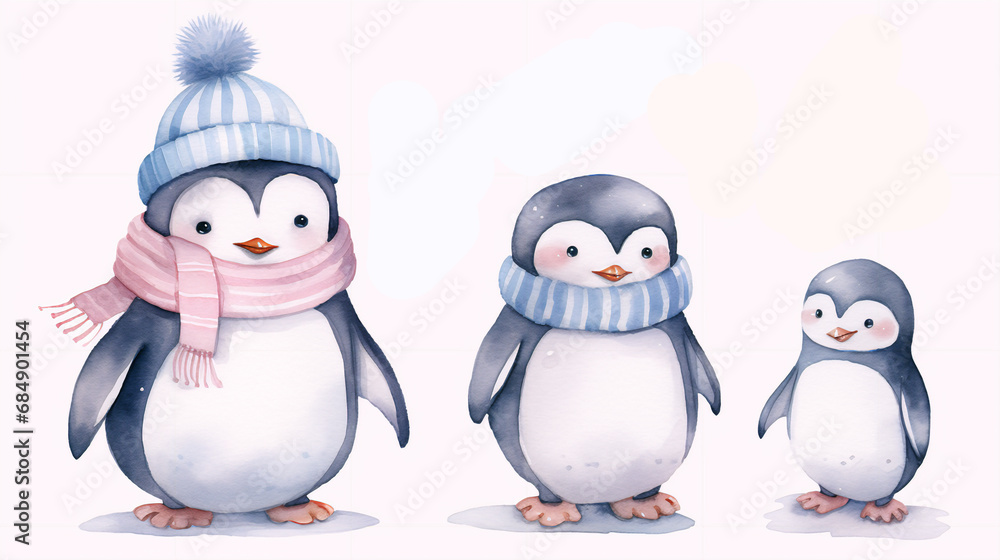 Fototapeta premium Set of christmas penguins on white background