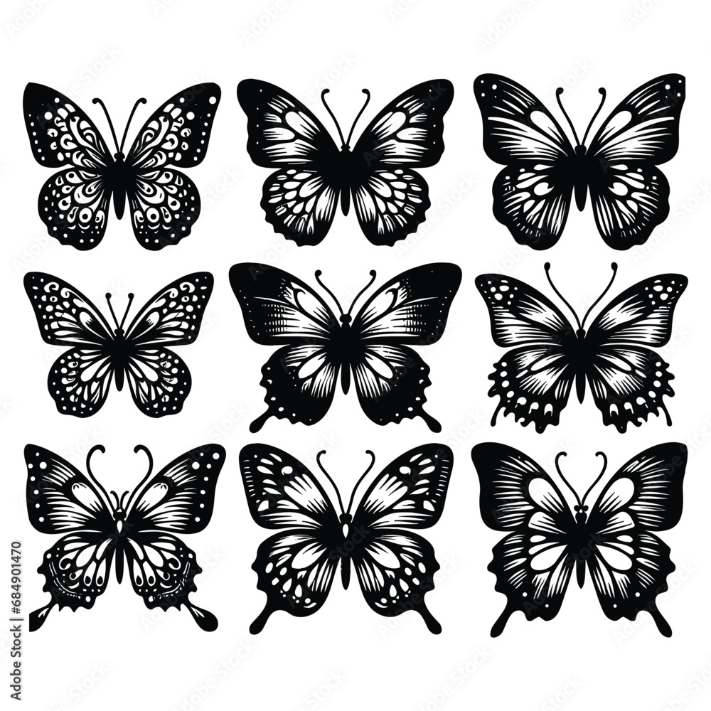 Set of butterfly silhouettes isolated on a white background, Vector illustration. Set of butterfly silhouettes isolated on a white background, Vector illustration.