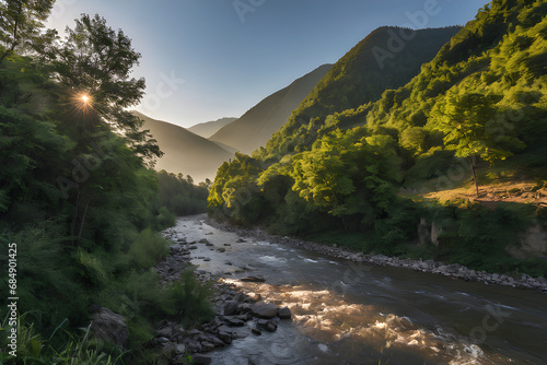 river stream with mountain background