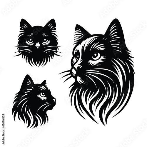Set of cat head silhouettes isolated on a white background, Vector illustration.