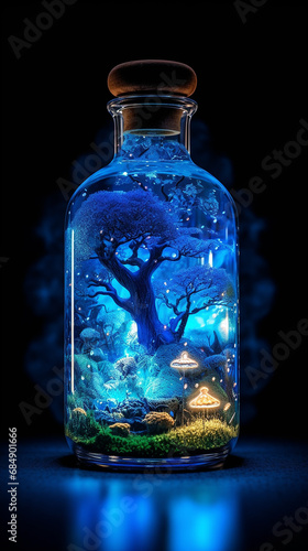Glowing potion bottle night mysterious world Generative AI