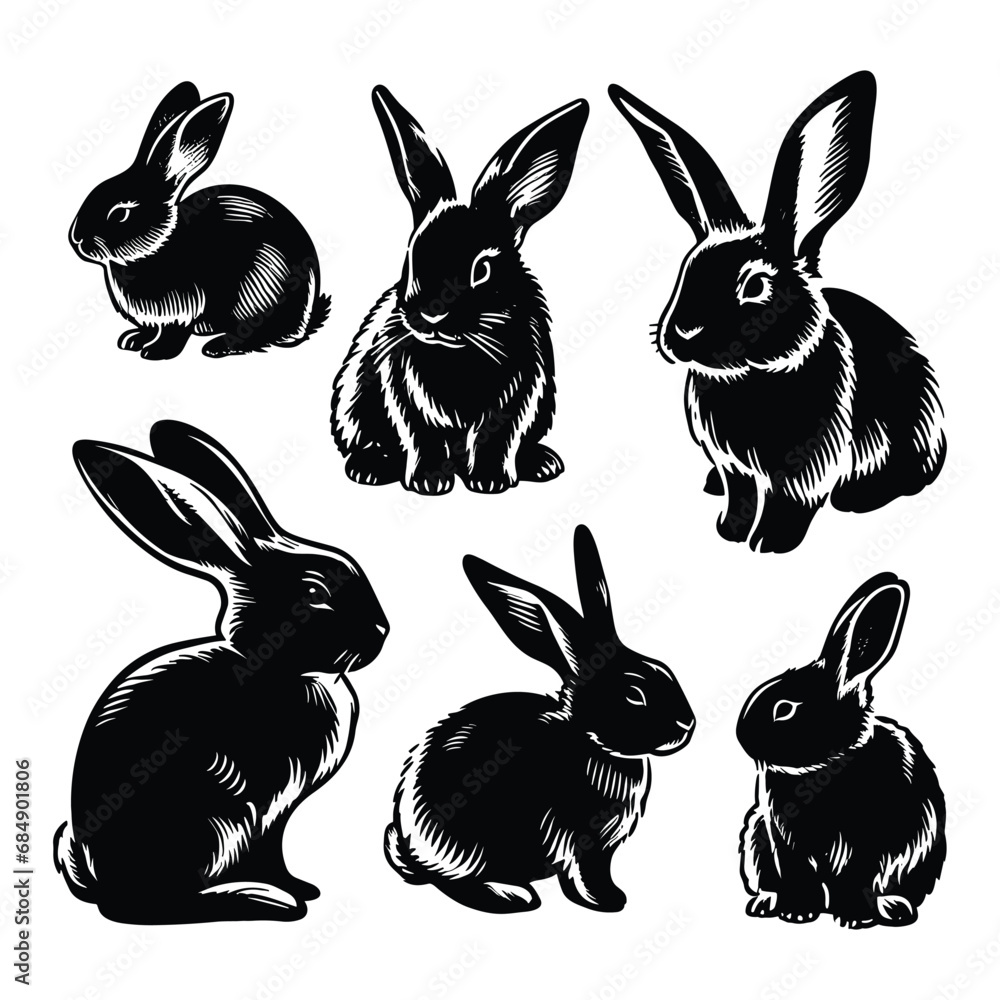 Fototapeta premium Set of bunny silhouettes isolated on a white background, Vector illustration.