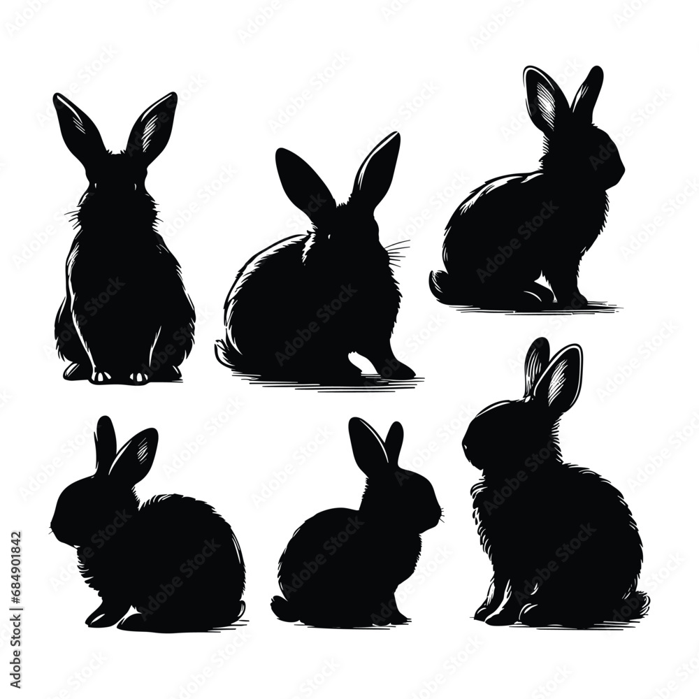 Fototapeta premium Set of bunny silhouettes isolated on a white background, Vector illustration.