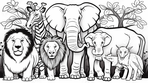 Jungle animal coloring pages basic children  Generative AI