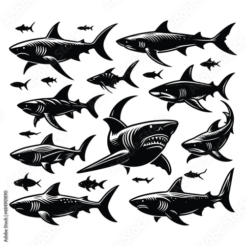 Set of Shark silhouettes isolated on a white background, Vector illustration.