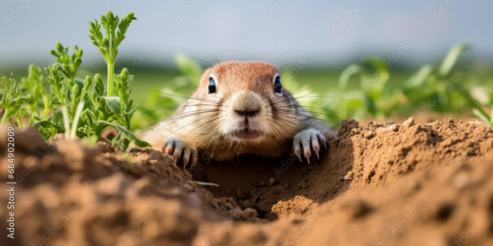 curious prairie dog peeks out from its burrow, set against the backdrop of a vibrant green prairie - obrazy, fototapety, plakaty 