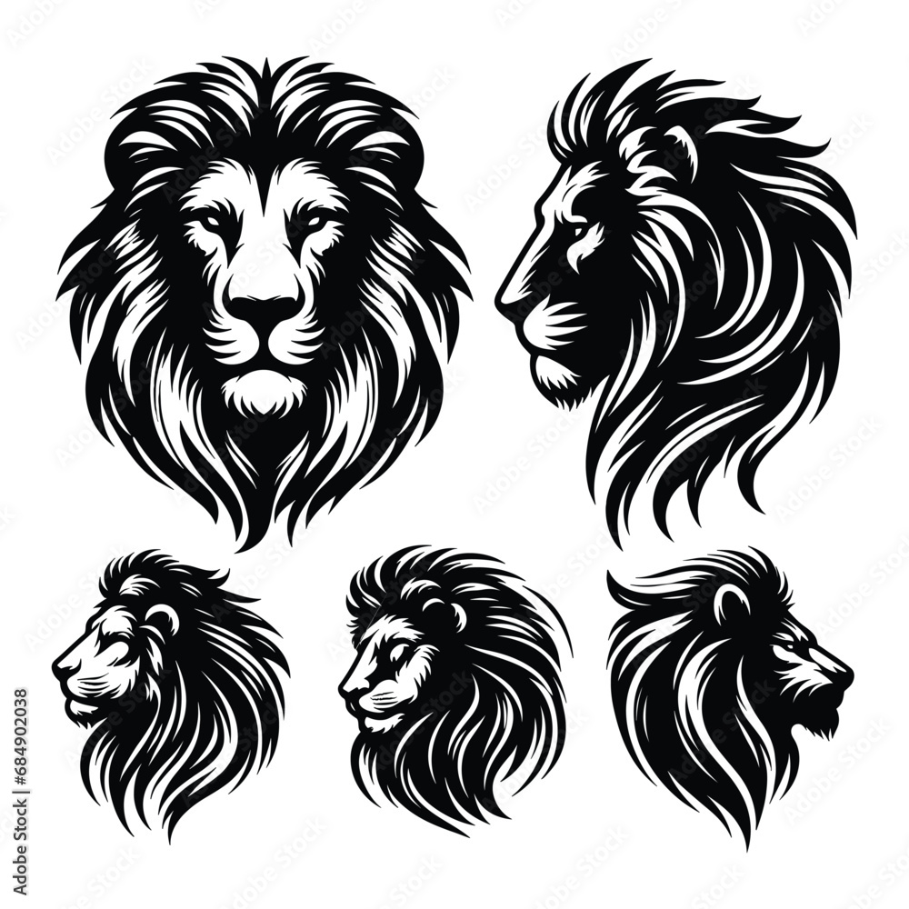 Set of lion head silhouettes isolated on a white background, Vector illustration. Set of lion head silhouettes isolated on a white background, Vector illustration.