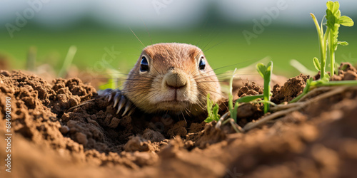 curious prairie dog peeks out from its burrow, set against the backdrop of a vibrant green prairie