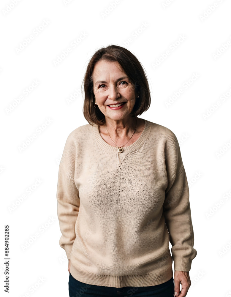 Aged woman wearing a sweater, smiling and looking at the camera, isolated, transparent background, no background. PNG. Aged woman wearing a sweater, smiling and looking at the camera, isolated, transparent background, no background. PNG.