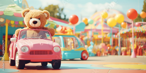 Cute teddy bear sitting in a car  the vehicle parked with a backdrop of a vibrant playground