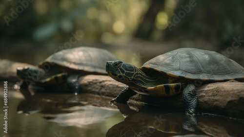 Two turtles peaking river water jungle  Generative AI
