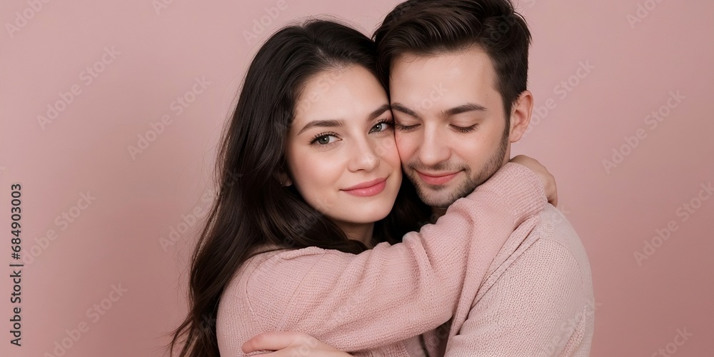 Cute lover couple hugging each other, isolated on a pink background with copy space Cute lover couple hugging each other, isolated on a pink background with copy space