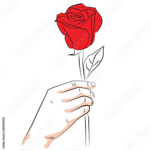 sketch woman hand holding a red ros