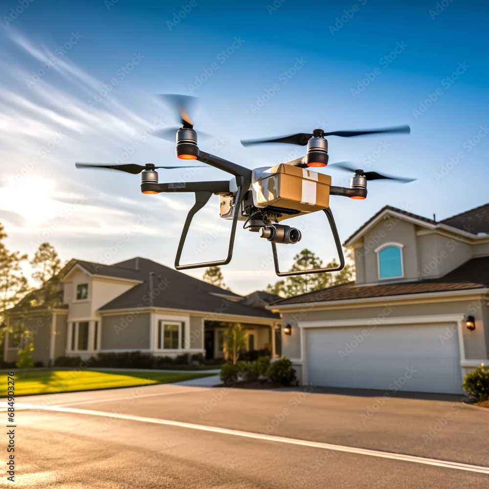 a drone transporting boxes of goods. In the sky above people's h a drone transporting boxes of goods. In the sky above people's h