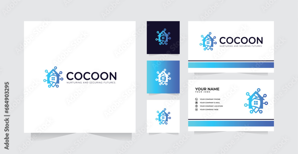 Cocoon home logo design and business card vector template