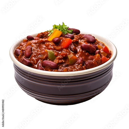Closeup of a bowl of chili on a white transparent background