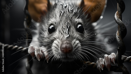 gray mouse rat in a cage escape laboratory concept freedom from iron bars photo