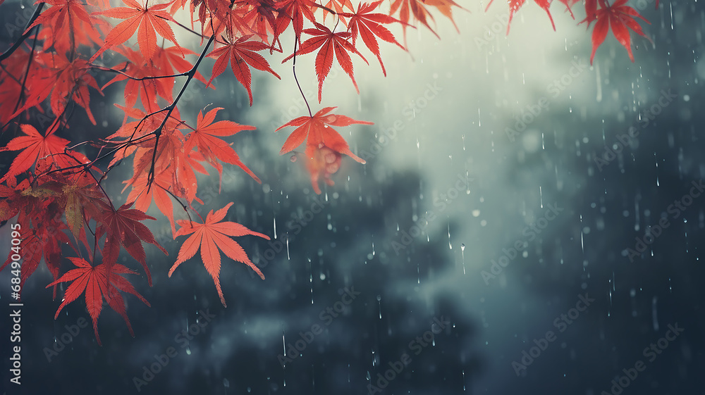 red japanese maple autumn rainy weather on gray blurred background red japanese maple autumn rainy weather on gray blurred background