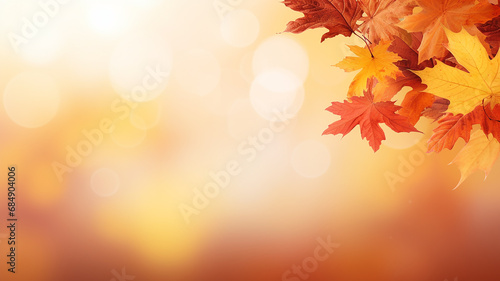 maple leaves on abstract blurred background with bokeh copy space  light bright autumn background for text