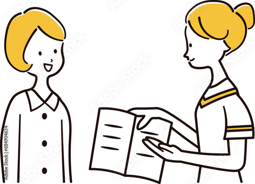 説明をするエステティシャンと説明を聞くアジア人女性のイラスト素材