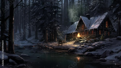 cabin in the forest during winter and snowfall. Seamless looping video background animation. Generated with AI photo