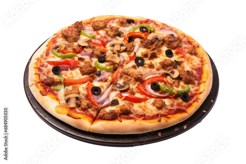Closeup of delicious bacon beef pizza on white transparent background