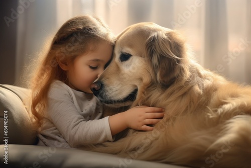 child hugging a friendly dog pet, showing affection .generative ai