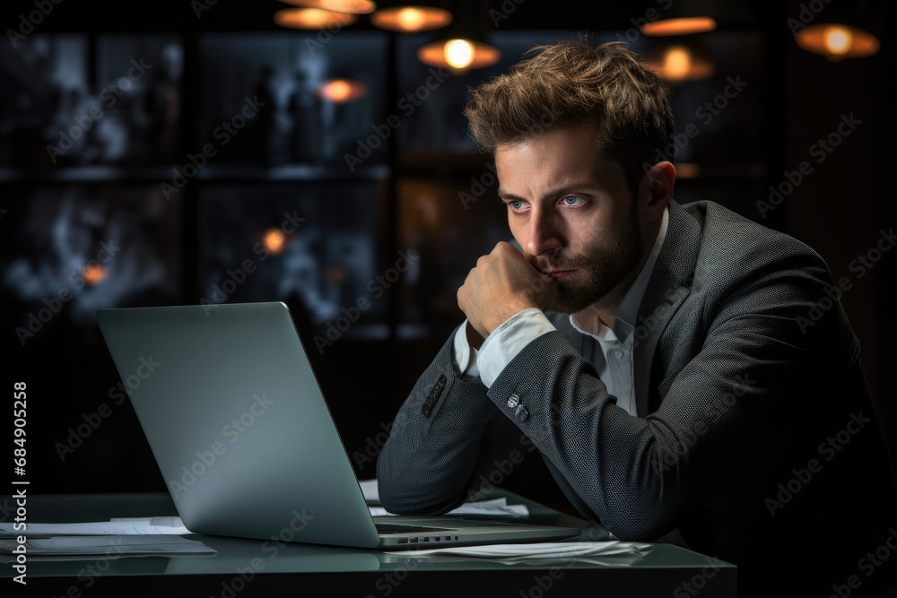 Sad and stressed business man sitting at office. Generative AI Sad and stressed business man sitting at office. Generative AI