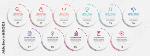 simple infographic vector design 11 steps or parts, circles with thin and thick lines, icons, text, numbers, for flow diagrams, presentations and your business